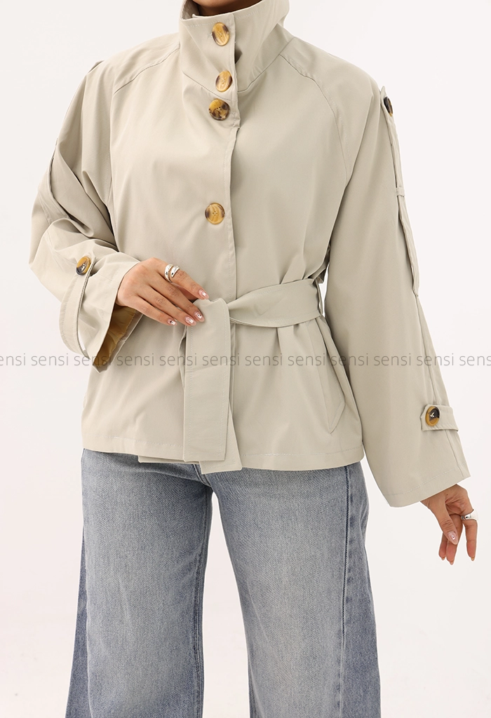 ترنچ کت یقه ایستاده کتان@کد1004635